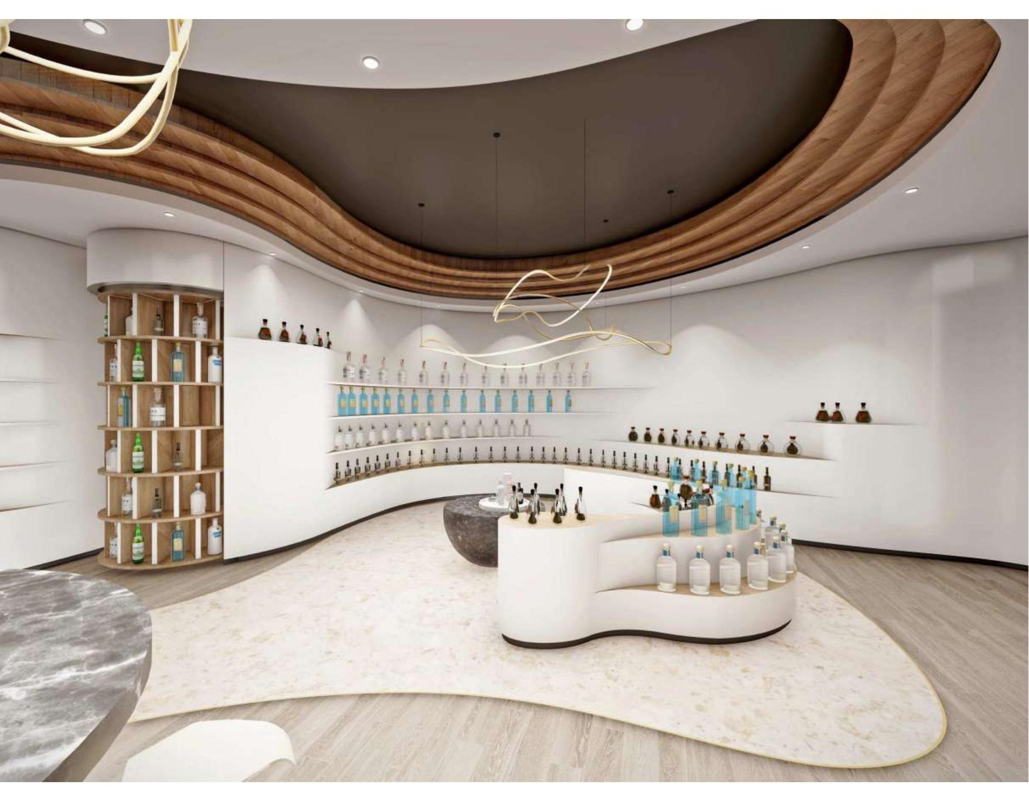 Concept view of the curved bottle display wall beneath timber ceiling rafts