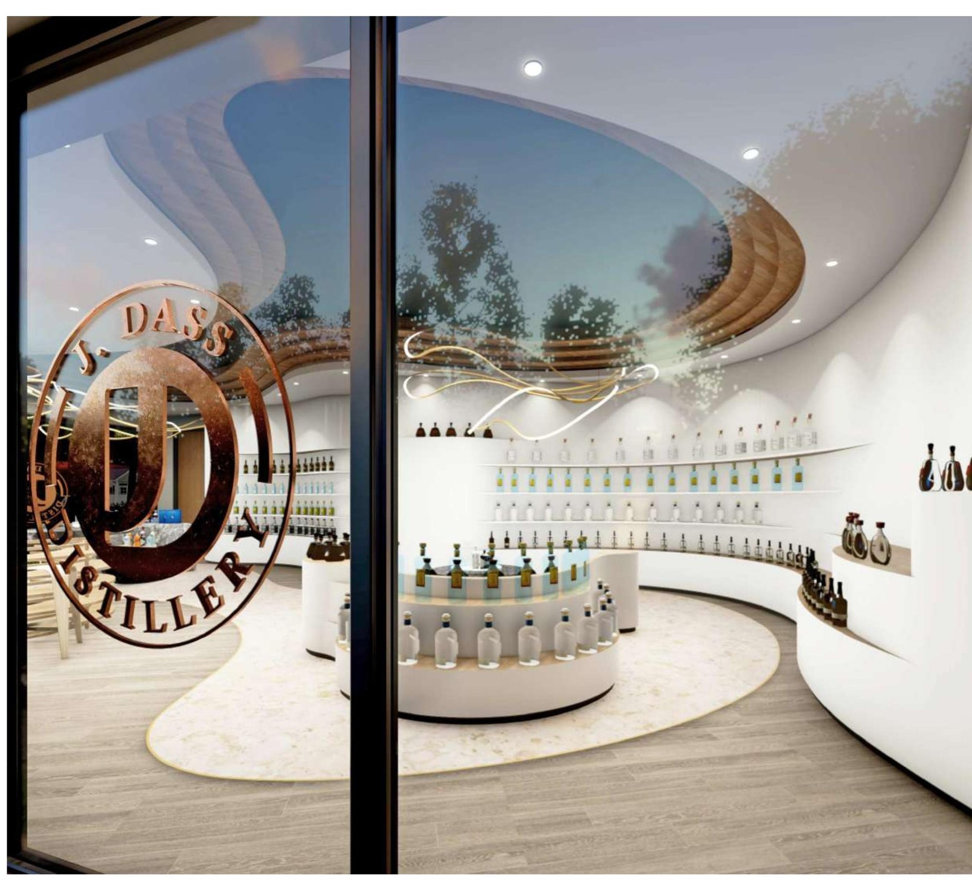Storefront concept view through glazing with etched distillery logo