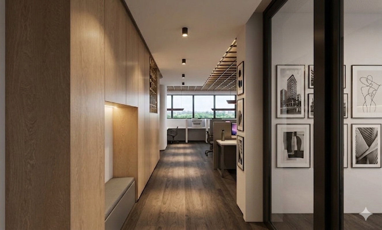 Glazed meeting room with framed gallery wall along the oak circulation corridor