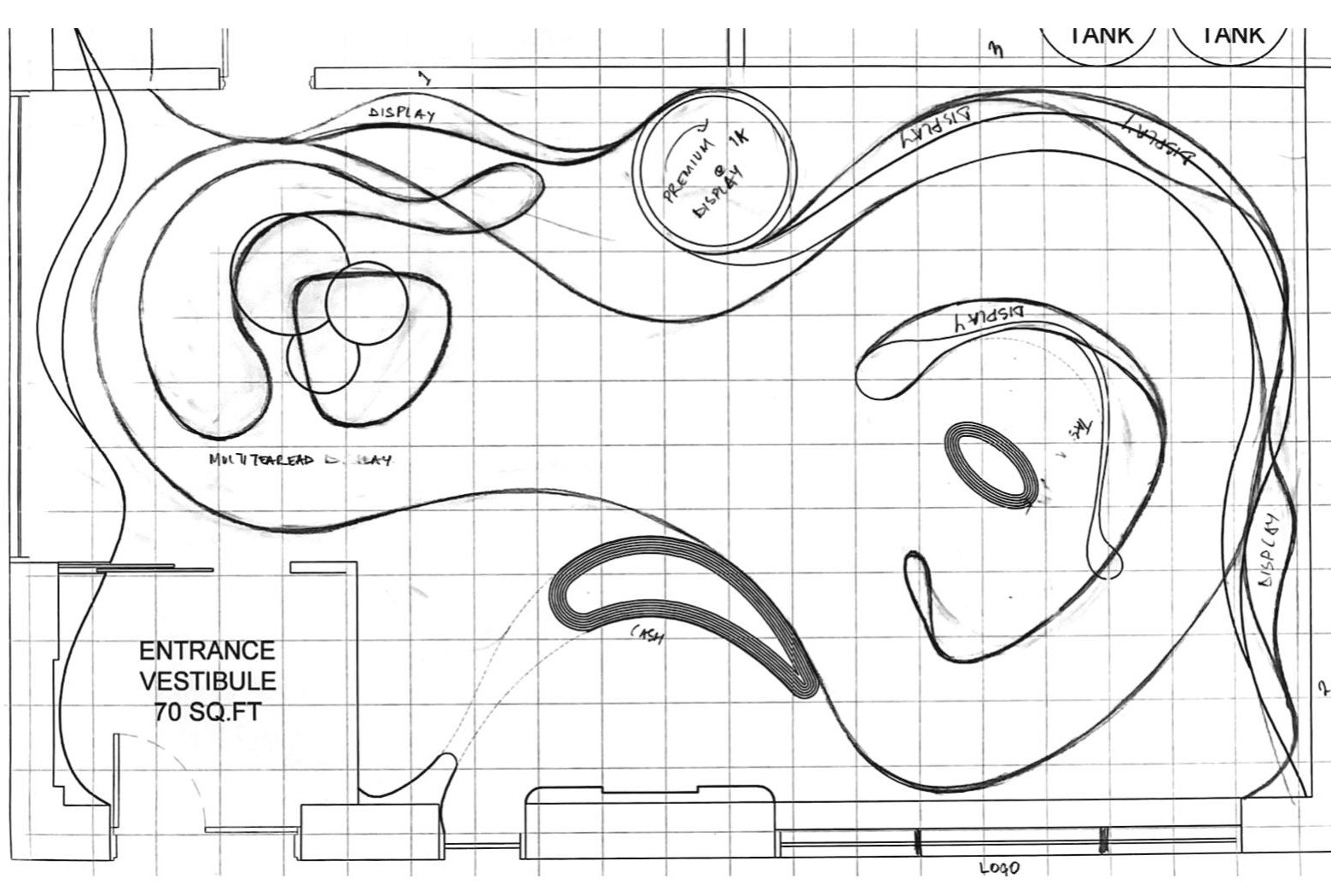 Refined sketch plan with entrance vestibule, curved displays and tasting bar