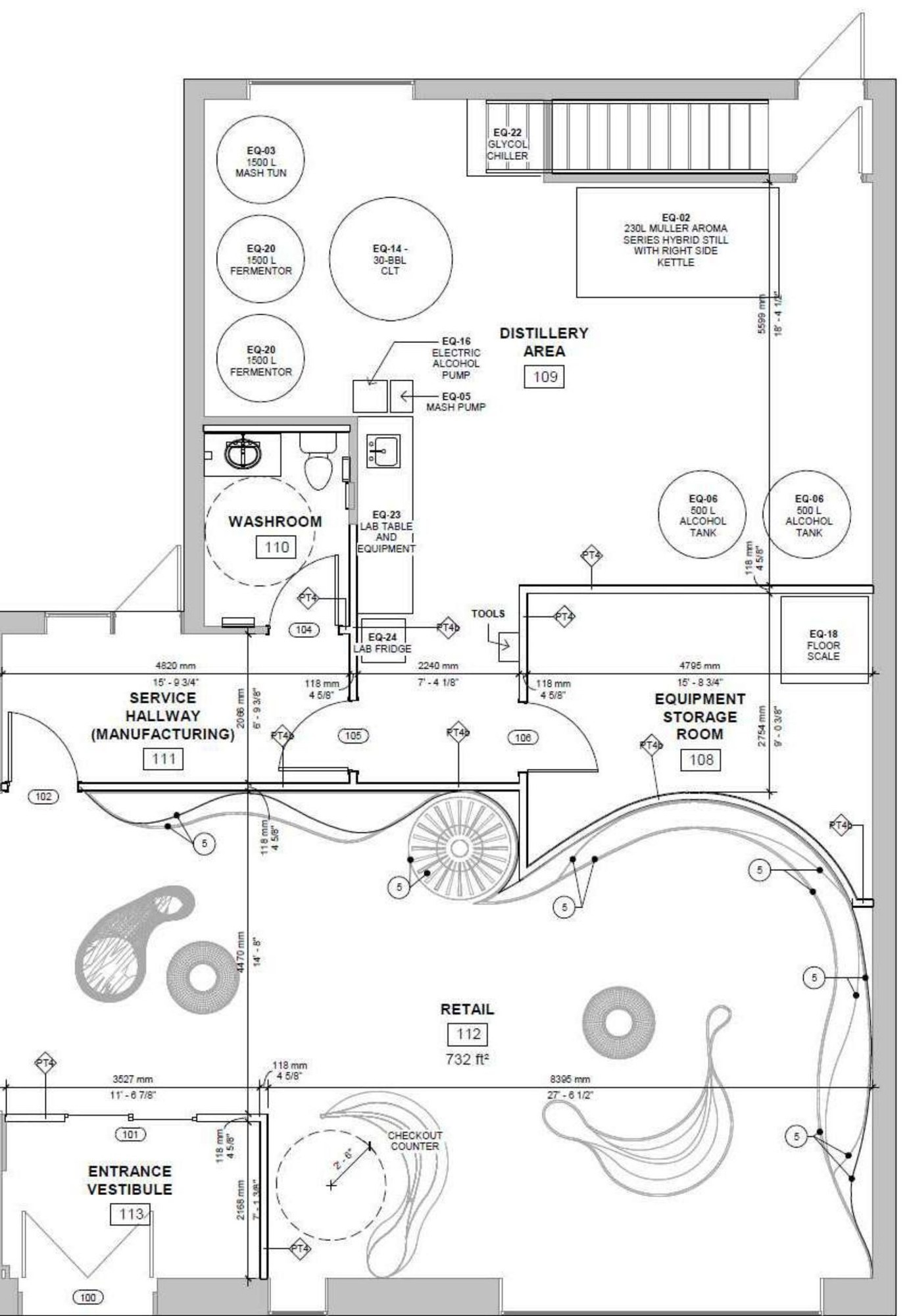 Working floor plan of the prototype retail concept with 732 square foot retail area, distillery, storage and entrance vestibule