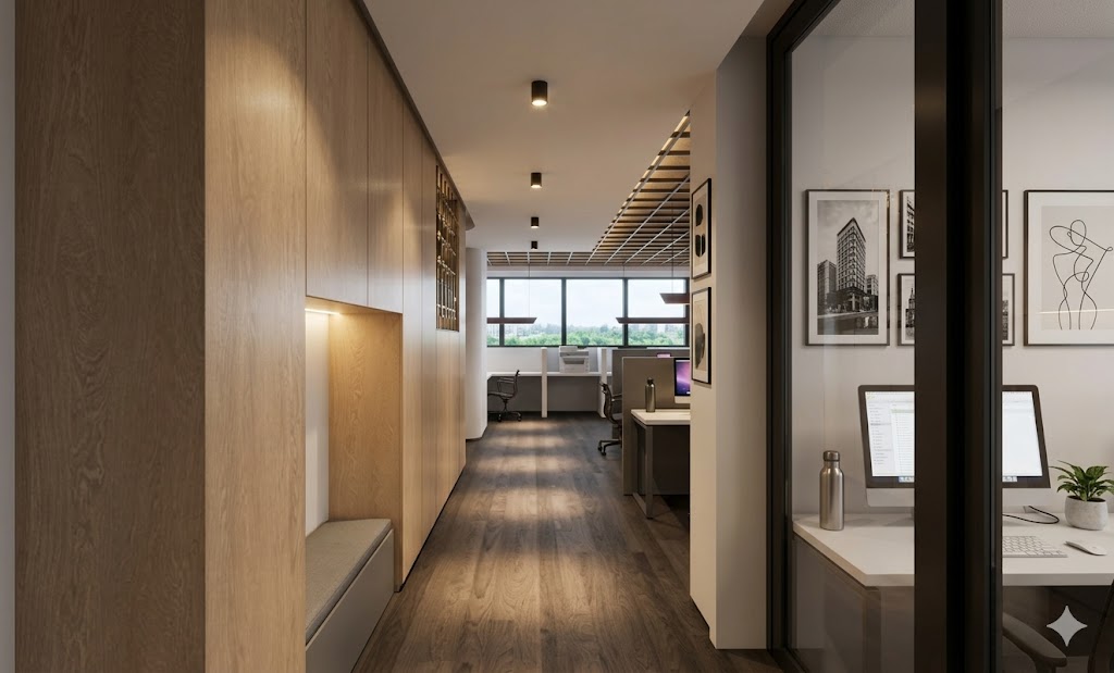 Oak-panelled corridor with built-in bench seating leading to the open office