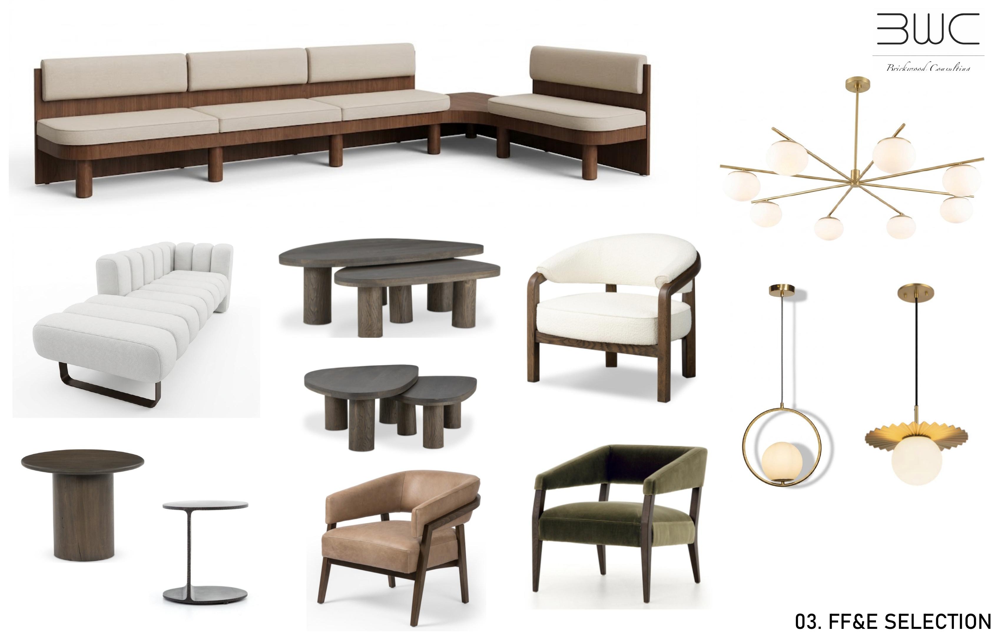 FF&E selection board of seating, tables and lighting for Crossroads Medical Clinic