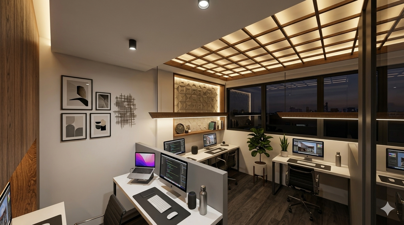 Studio workspace with illuminated timber coffered ceiling and framed artwork