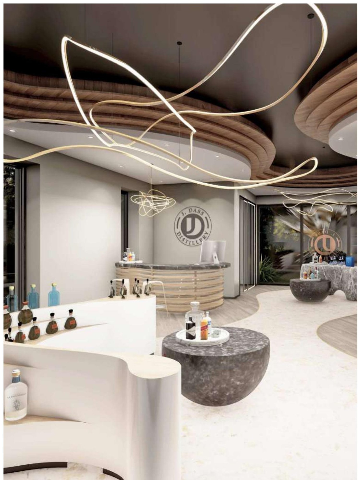 Concept view of the tasting bar with stone tables and ribbon lighting