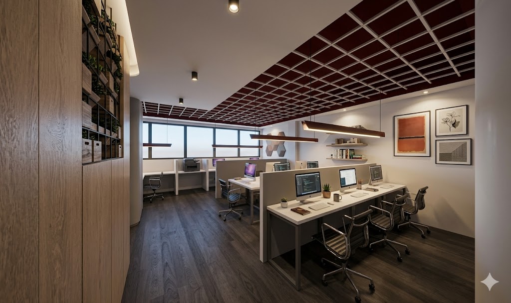 Workstation bay with linear pendants, merlot ceiling grid and planted display shelving