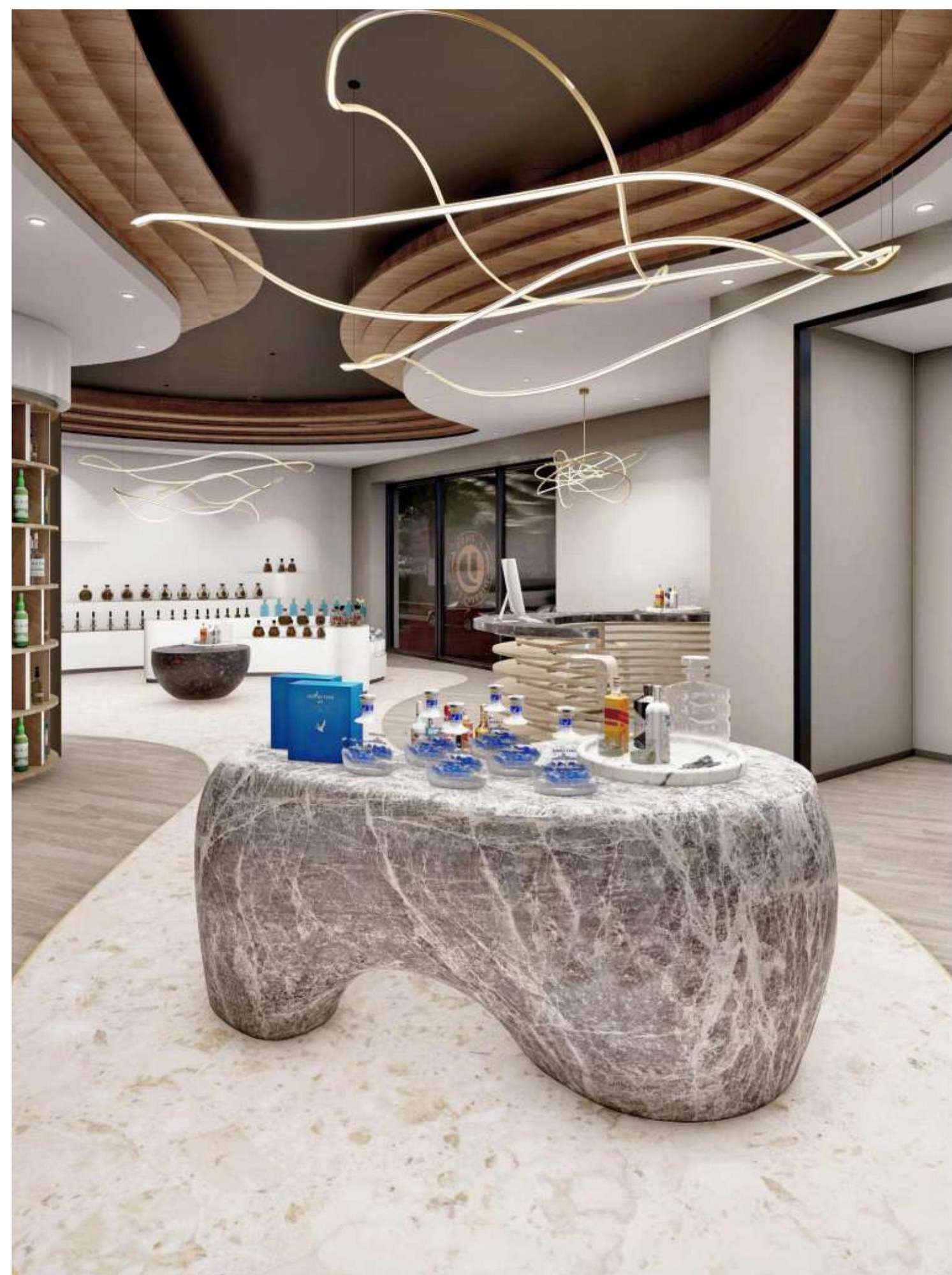 Concept view of a sculptural stone display table under ribbon lighting