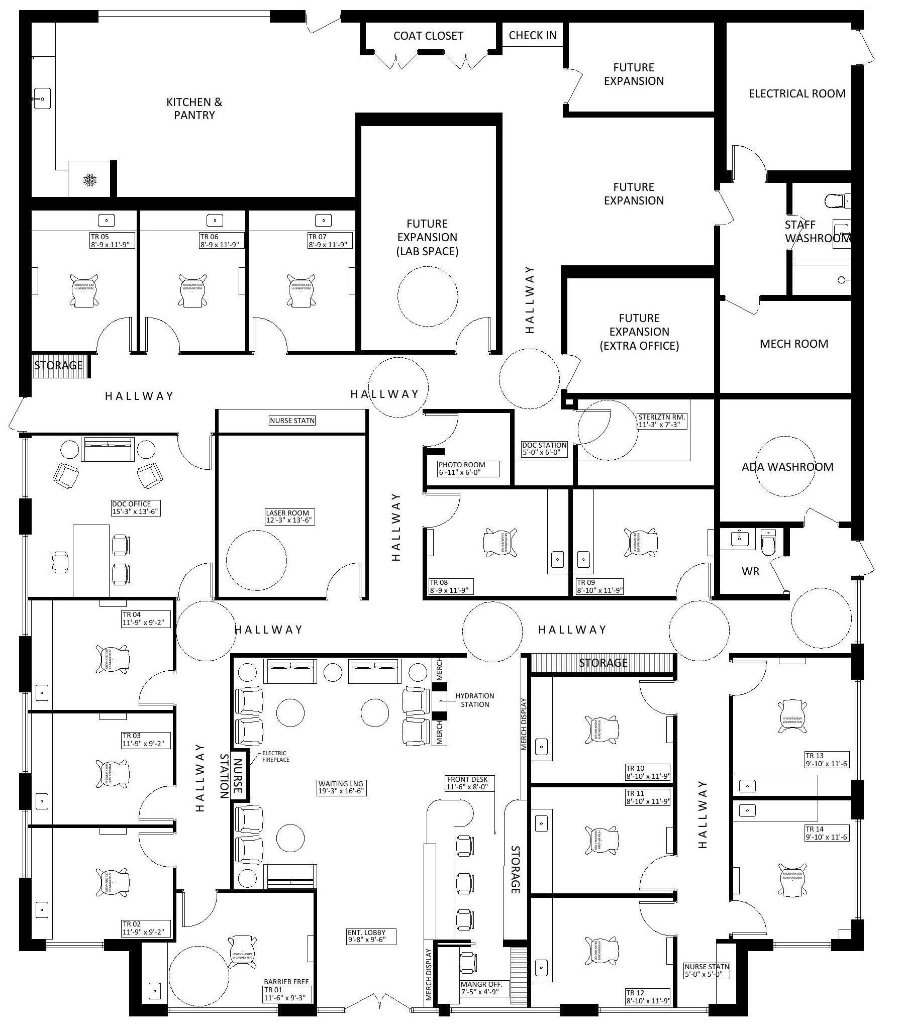 Proposed floor plan for Crossroads Medical Clinic showing treatment rooms, laser room, waiting lounge and support spaces