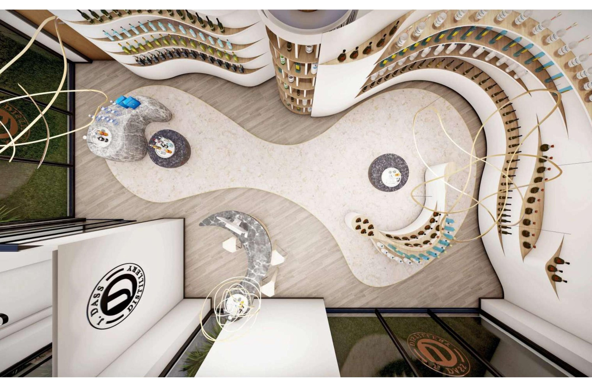 Aerial concept view showing organic display islands and curved shelving layout