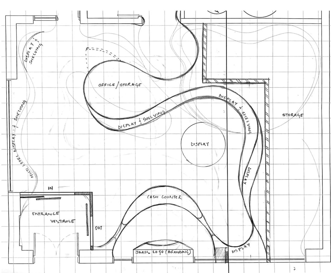 Early gridded sketch plan testing display shelving, cash counter and entrance vestibule